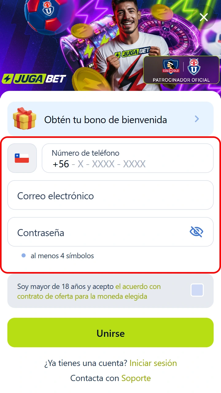Formulario de registro de Jugabet en el celular