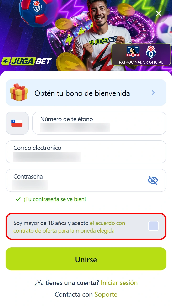 Paso de aceptar condiciones en el registro de Jugabet