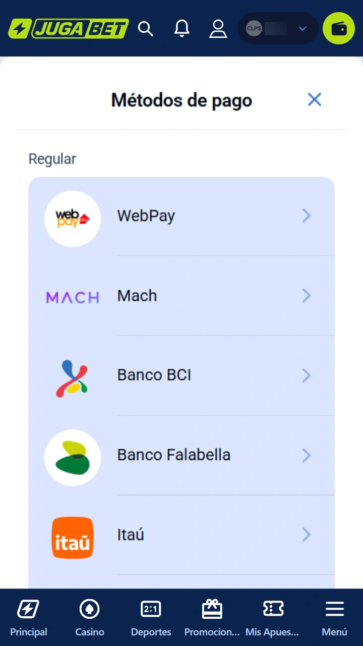 Pantalla de depósito de Jugabet en el celular