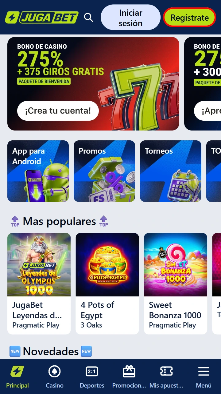 Jugabet en el celular: pantalla de inicio con el botón de registro