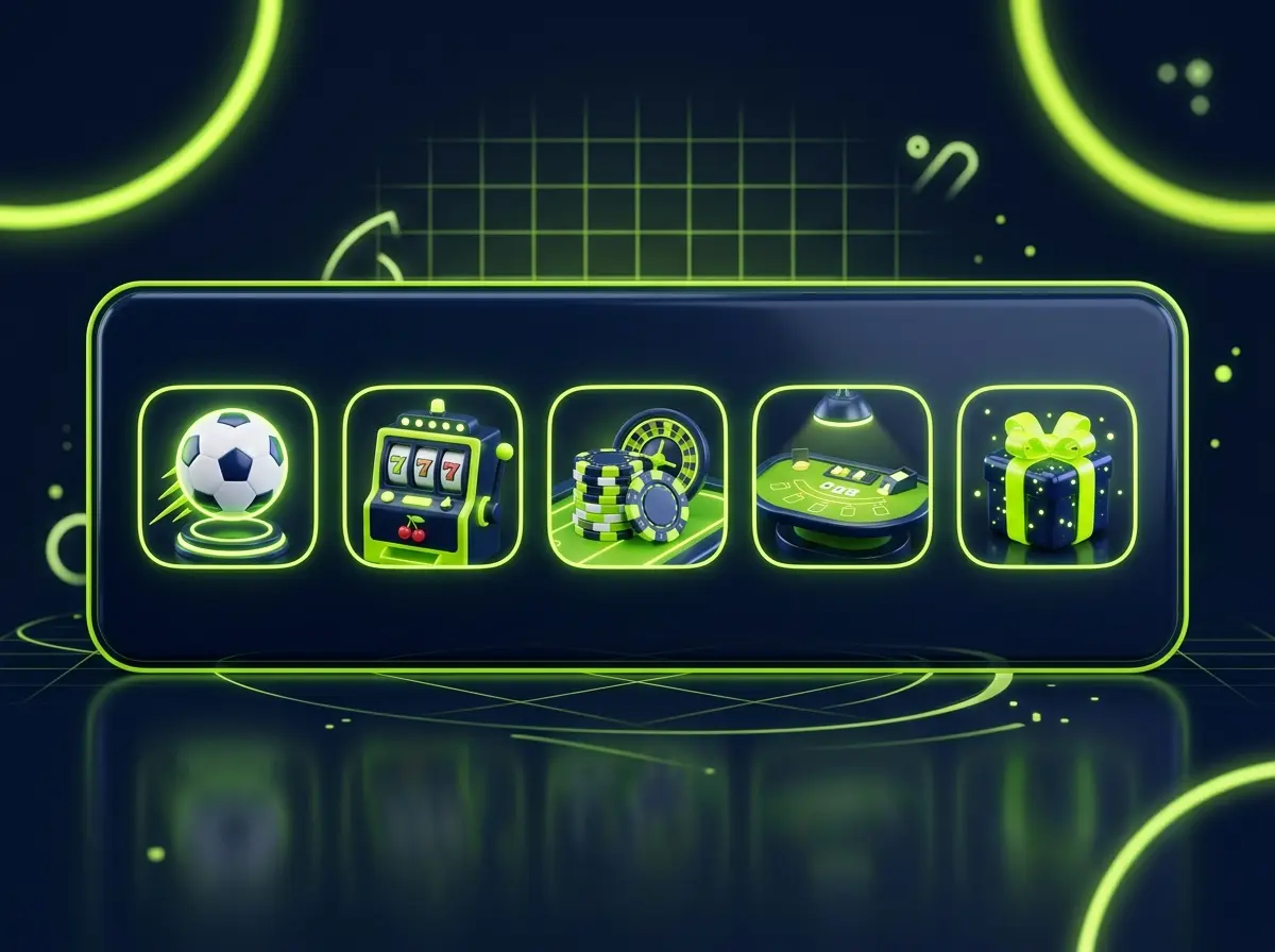 Iconos de deportes, casino, tragamonedas, casino en vivo y promociones de Jugabet